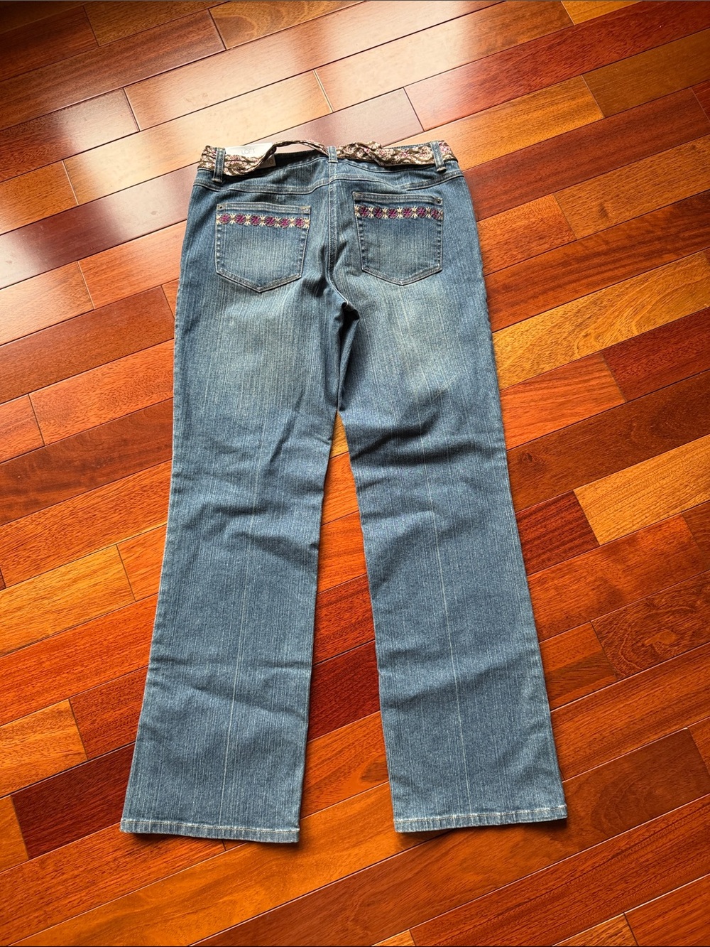 LOFT Blue Flare Jeans with Patterned Waist Scarf Embroidered back Pockets - Picture 7 of 10